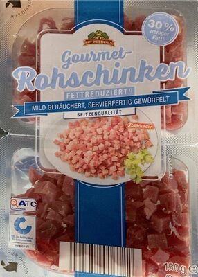 ALDI Gut Drei Eichen Gourmet-Rohschinken fettreduziert 175g Von Hand gesalzen QS-zertifiziert Aus der Kühlung 2.99€ 175g Packung 1kg 17.09€